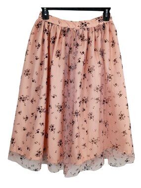 Magnolia Place Unique Vintage Skirt S Pink Black Floral Tulle Midi Mesh